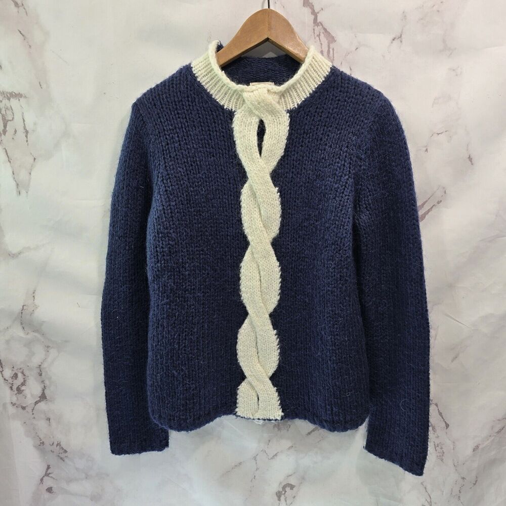 LL Bean Sweater Womens Medium Blue Cream Mohair Wool Cable Knit Roll Neck Twist